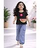 Tiara Cotton Spandex Knit Half Sleeves Floral Applique Detailed Top & Solid Joggers Set With Reversible Sequins Embellished Watermelon Designed Purse Set - Black
