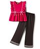 Tiara Cotton Jersey Knit Sleeveless Lace Embellished Bow Applique Detailed Peplum Top & Bell Bottom Pant Set - Pink