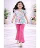 Tiara Cotton Jersey Knit Half Sleeves Abstract Printed Kiroshia Floral Applique & Frill Detailed Top & Solid Bell Bottom Pant Set - Pink