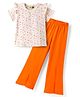 Tiara Cotton Spandex Knit Half Sleeves Frill Detailed Floral Printed Top With Front Slit Bell Bottom Pant Set - Orange