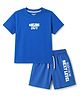 Smarty Boys Sinker Knit Drop Shoulder Sleeves T-Shirt & Shorts Night Suit With Text Print - Blue