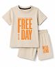 Smarty Boys Sinker Knit Half Sleeves T-Shirt & Shorts Set with Text Print - Beige