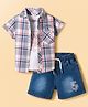 Smarty Boys Cotton Knit Half Sleeves Checkered Shirt & Shorts Set with Inner Tee - Blue