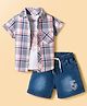 Smarty Boys Cotton Knit Half Sleeves Checkered Shirt & Shorts Set with Inner Tee - Blue