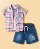 Smarty Boys Cotton Knit Half Sleeves Checkered Shirt & Shorts Set with Inner Tee - Peach