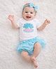 Tipy Tipy Tap Cotton Knit Half Sleeves Sea Shell Embroidered & Pearl Embellished Onesie With Tutu Styled Bow Designed Bloomer & Bow Applique Headband - Blue & White