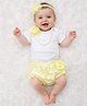 Tipy Tipy Tap Cotton Knit Half Sleeves Floral Detailed Onesie With Tutu Styled Bloomer & Bow Applique Headband - Yellow & White