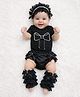 Tipy Tipy Tap Cotton Knit Half Sleeves Bow & Lace Detailed Onesie With Bloomer Floral Applique Headband & Legwarmers - Black