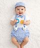 Tipy Tipy Tap Cotton Knit Half Sleeves Bow & Animal Face Applique Detailed Onesie With Bloomer Cap Bow & Suspender - Blue & White