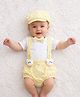 Tipy Tipy Tap Cotton Knit Half Sleeves Bow & Animal Face Applique Detailed Onesie With Bloomer Cap Bow & Suspender - Yellow & White