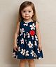 KIDSDEW Cotton Woven Sleeveless Floral Printed & Applique Detailed Dress - Navy Blue