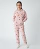 ALAN JONES Cotton Blend Knit Full Sleeves New York Text Embroidered Floral Printed Coordinating Winter Hooded Sweatshirt & Joggers Set - Pink