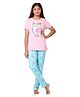Totz Touch Cotton Knit Half Sleeves Owl Printed Tee & Pajama Night Suit - Owl Pink