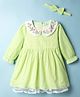 Babyhug Cotton Woven Full Sleeves Checks Frock With Floral Embroidery & Headband - Green
