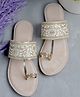 NZS Threadwork Detailed Floral Designed Kolhapuri Sandals - Cream