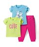 Doodle Poodle 100% Cotton Knit Half Sleeves Top & Pant Set with Text & Bunny Print Pack of 2 - Pink & Blue