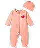 Babyhug Cotton Knit Full Sleeves Front Open Text Printed Footed Sleep Suit with Cap - Orange