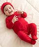 Babyhug Cotton Knit Full Sleeves Front Open Text Printed Footed Sleepsuit with Cap - Red