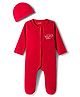 Babyhug Cotton Knit Full Sleeves Front Open Text Printed Footed Sleepsuit with Cap - Red