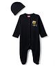 Babyhug Cotton Knit Full Sleeves Front Open Text Printed Footed Sleep Suit with Cap - Navy Blue