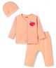 Babyhug Cotton Knit Full Sleeves T-Shirt & Pyjama Night Suit With Peach Print & Cap - Orange