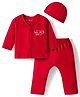 Babyhug Cotton Knit Full Sleeves T-Shirt & Pyjama Night Suit With Peach Print & Cap - Red
