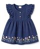 Babyhug 100% Cotton Woven Half Ruffle Sleeves Floral Embroidered Frock - Navy Blue