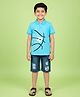 Kiddopanti Cotton Knit Half Sleeves Ball Printed Tee With Shorts Set - Blue & Dark Blue