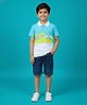 Kiddopanti Cotton Knit Half Sleeves Colour Block Start Text Printed Tee With Shorts Set -  Blue & Neon Green