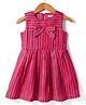 melon Linen Woven Sleeveless Striped Frock With Bow Applique - Red