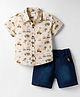 Simply Premium Poplin Woven Half Sleeves Shirt & Denim Shorts Set With Car Print - Khaki