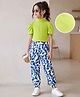 OLLINGTON ST. Cotton Knit Half Puffed Sleeve Solid Colour Top & Printed Joggers Set - Limegreen & Multicolour