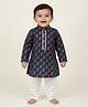 Baby Moo Cotton Woven Full Sleeves Rose Printed Kurta Pyjama Set - Navy Blue