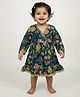 Baby Moo Cotton Woven Full Sleeves Floral Printed Lace Embellished Dress - Green
