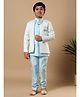BT DEZINES Cotton Silk Woven Solid Sherwani & Pants With Sequins Embellished Diamond Embroidered Jacket & Necklace - Sky Blue