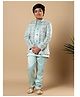 BT DEZINES Satin Woven Full Sleeves Sequins Embellished Threadwork Detailed Jacket With Sherwani & Trouser Set - Aqua Blue