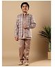 BT DEZINES Satin Woven Full Sleeves Sequins Embellished Threadwork Detailed Jacket With Sherwani & Trouser Set - Taupe Brown