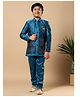 BT DEZINES Satin Woven Full Sleeves Sequins Embellished Threadwork Detailed Jacket With Sherwani & Trouser Set - Teal Blue