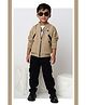 LITTLE COLLARS Jacquard Knit Full Sleeves I Am Boss Text Applique Detailed Jacket With Tee & Jeans Set - Khaki