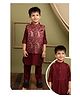 LITTLE COLLARS Silk Blended Woven Full Sleeves Solid Kurta & Pyjama Set With Floral Printed Nehru Jacket - Maroon