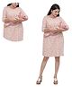 Mama & Bebe Cotton Woven Three Fourth Sleeves Floral Printed Maternity Dress With Side Zipper Nursing Access - Peach