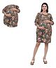 Mama & Bebe Cotton Woven Three Fourth Sleeves Floral Printed Maternity Dress With Side Zipper Nursing Access - Olive
