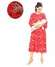 Mama & Bebe Rayon Woven Three Fourth Sleeves Floral Printed Maternity Dress With Overlap Zipper Nursing Access - Red