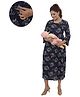 Mama & Bebe Rayon Woven Three Fourth Bell Sleeves Floral Printed Maternity Dress With Overlap Zipper Nursing Access - Navy Blue