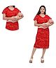 Mama & Bebe Cotton Woven Half Sleeves Floral Printed Maternity Dress With Side Zipper Nursing Access - Red