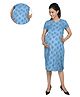 Mama & Bebe Rayon Woven Half Sleeves Abstract Motifs Printed Maternity Dress With Overlap Zipper Nursing Access - Blue