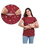 Mama & Bebe Knitted Knit Half Sleeves Floral Printed Maternity Tee With Overlap Zipper Nursing Access - Maroon