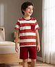 Pine Kids Cotton Knit Half Sleeves Striped Cut & Sew T-Shirt & Shorts Night Suit with Leaf Print - Brown