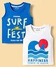 Honeyhap Premium 100% Cotton Knit Sleeveless Tank T-Shirts With Beach Theme Print Pack of 2 - Bright White & Blue Aster
