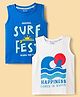 Honeyhap Premium 100% Cotton Knit Sleeveless Tank T-Shirts With Beach Theme Print Pack of 2 - Bright White & Blue Aster